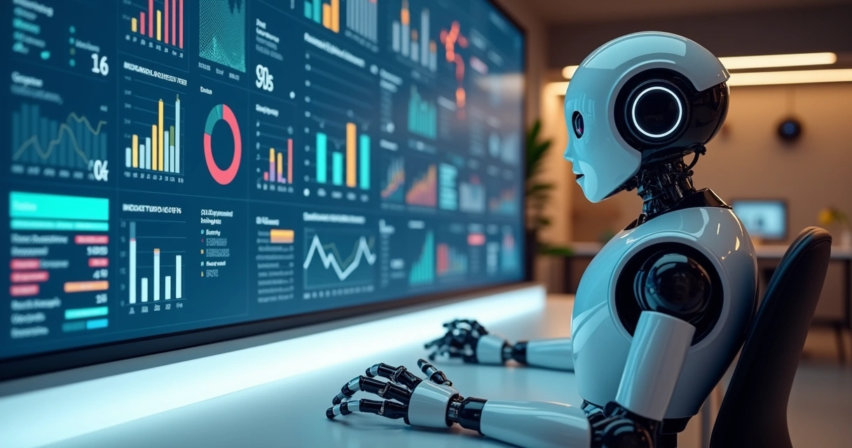 Robô amigável mostrando painéis com dados e gráficos do Instagram em tela digital 