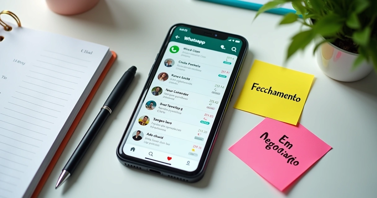 Etiquetas coloridas e automação organizando conversas em WhatsApp na tela de celular 