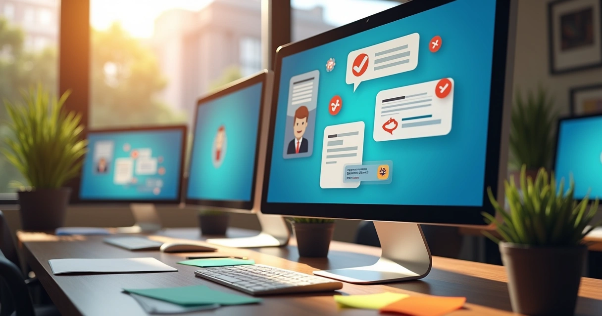 Painel com telas exibindo automação de faturamento e atendimento