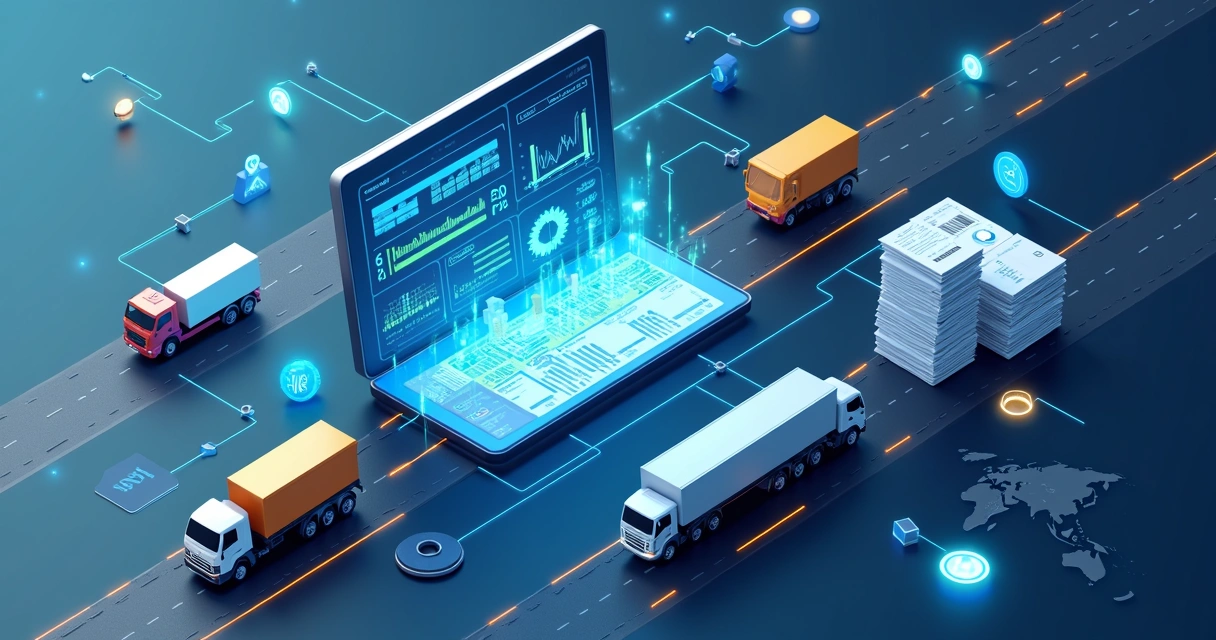 Painel 3D com caminhões e notas fiscais conectados por ícones de automação 