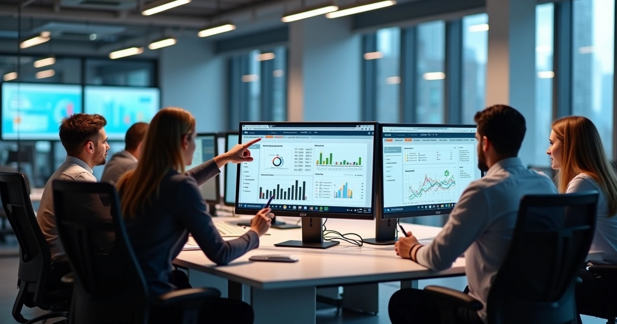 Equipe de escritório ao redor de computador analisando gráficos digitais de feedbacks automatizados.