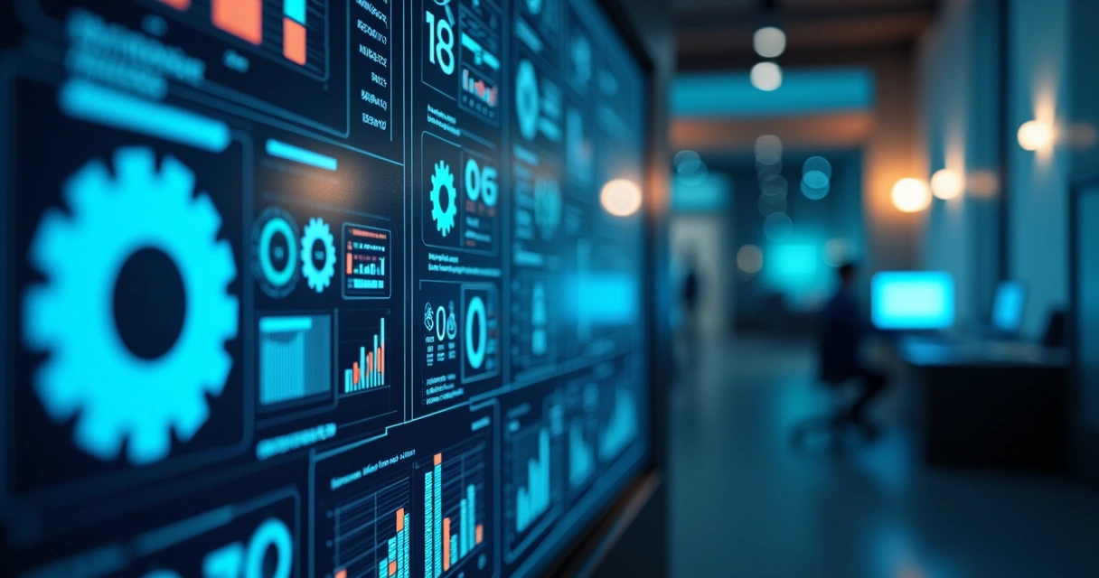 Painel digital com ícones de automação e SEO 