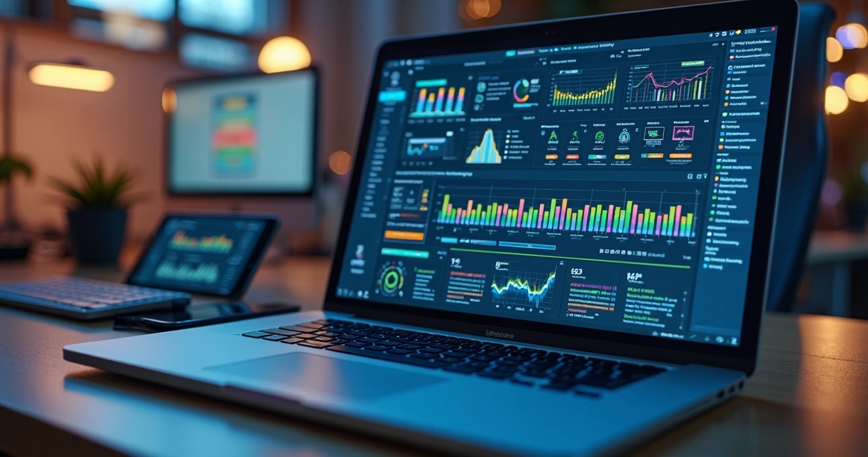 Mesa de escritório com notebook exibindo gráficos de automação 