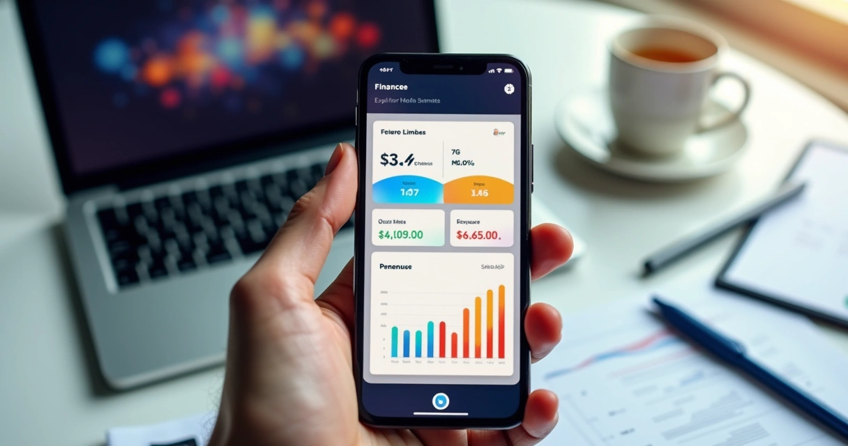 Tela de smartphone mostrando aplicativo financeiro e gráficos coloridos 