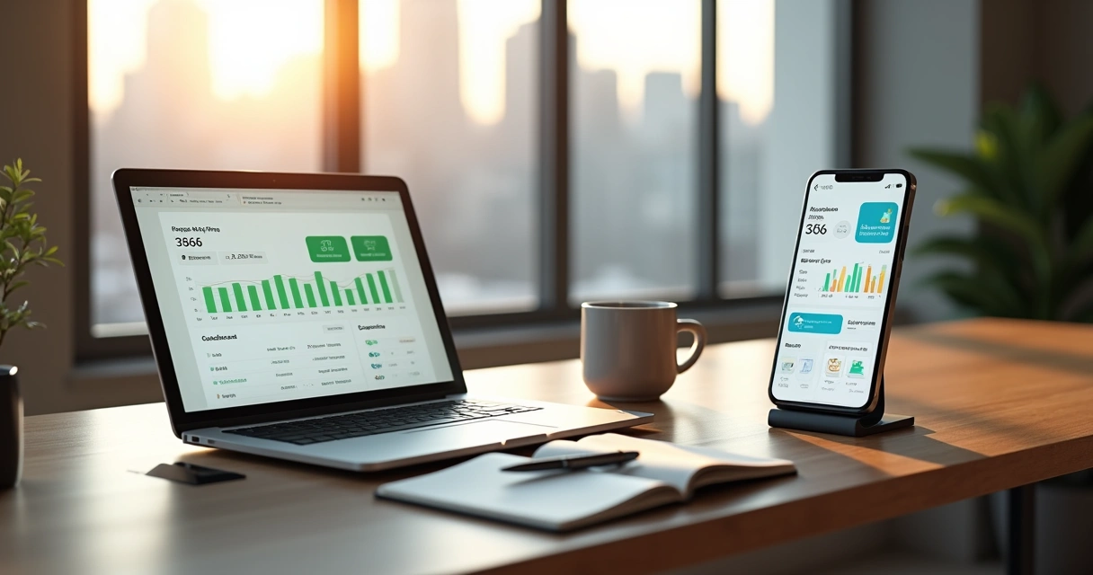 Mesa de trabalho com notebook e celular lado a lado comparando automação financeira por banco digital e app externo 