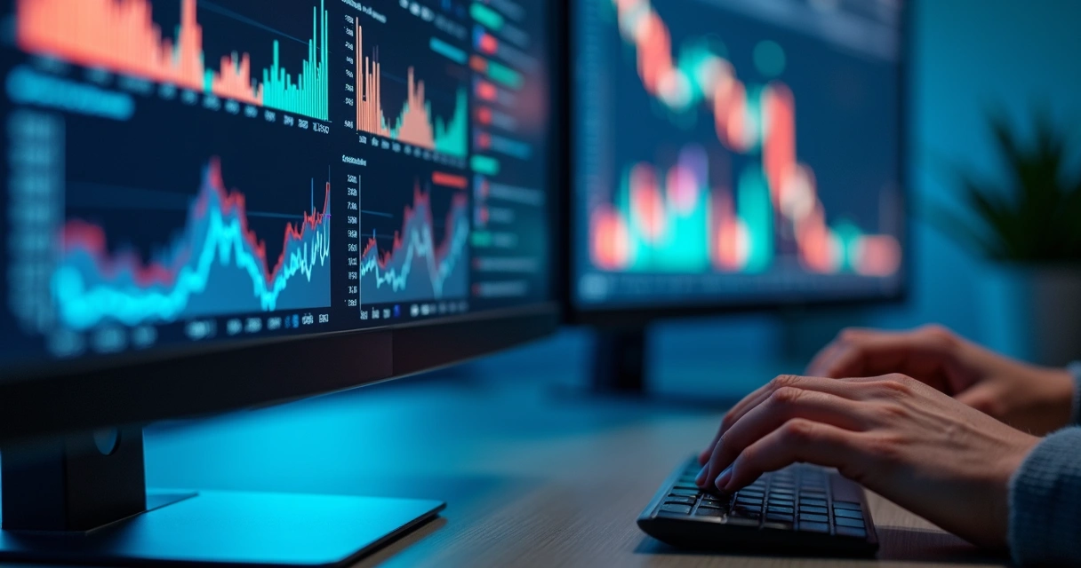 Tela de computador com gráficos financeiros e dados automatizados 