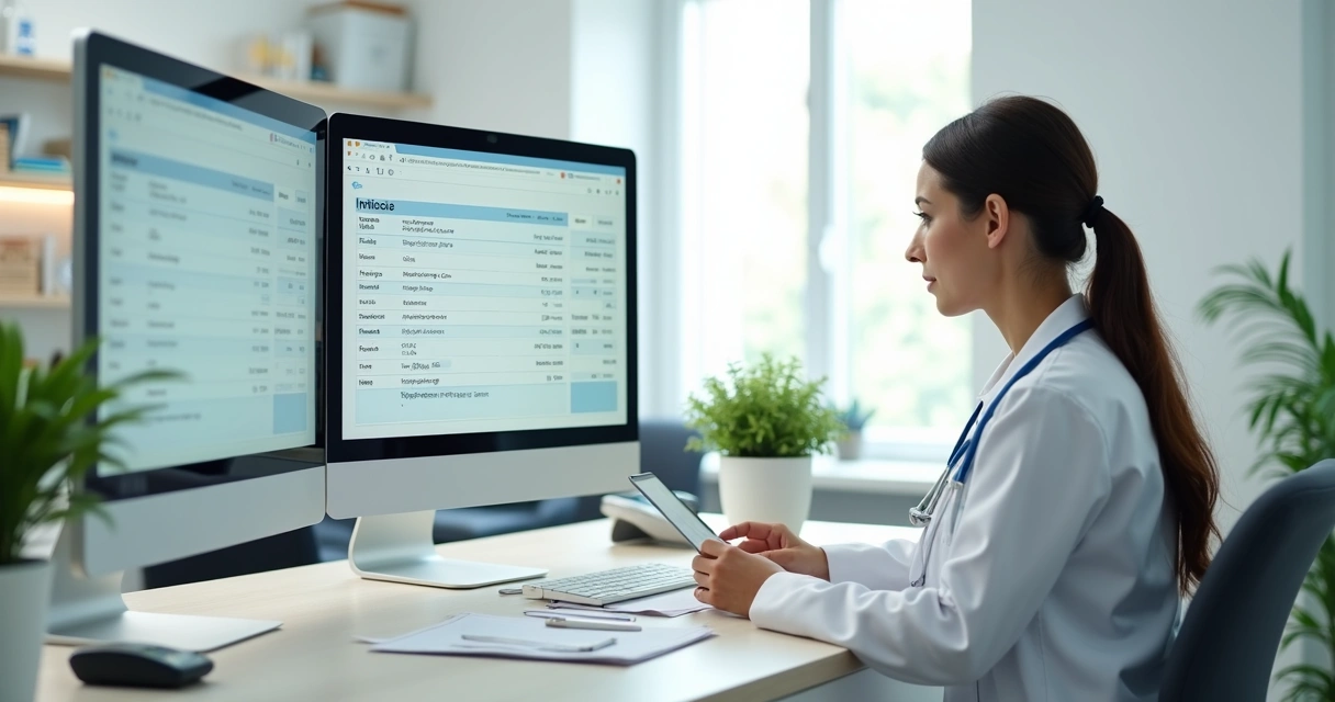 Secretária usando sistema financeiro integrado em recepção de clínica 