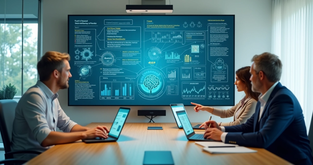 Profissionais de finanças analisando painel digital com gráficos e automação de dados 