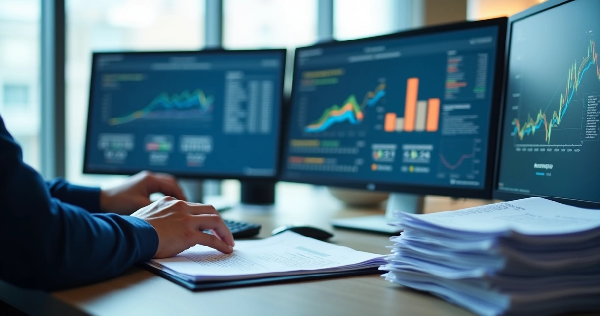 Lançamentos financeiros automatizados em várias telas de computador 