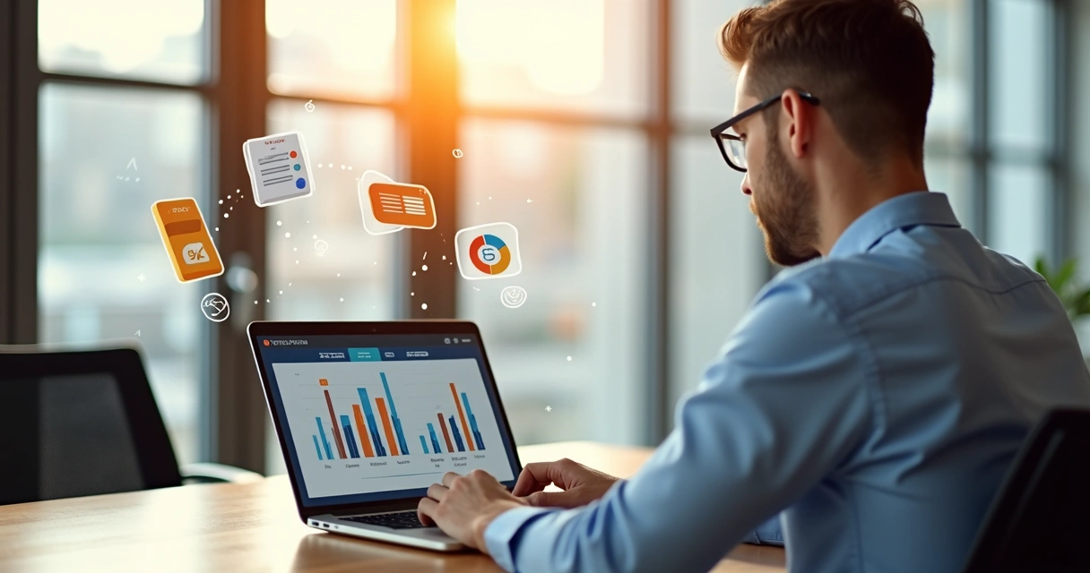 Homem usando notebook em sua mesa de trabalho com gráficos financeiros na tela, ambiente moderno de escritório