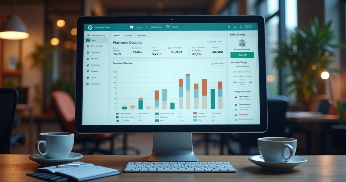 Tela de computador com gráficos financeiros modernos exibindo saldo de fluxo de caixa e automação bancária.