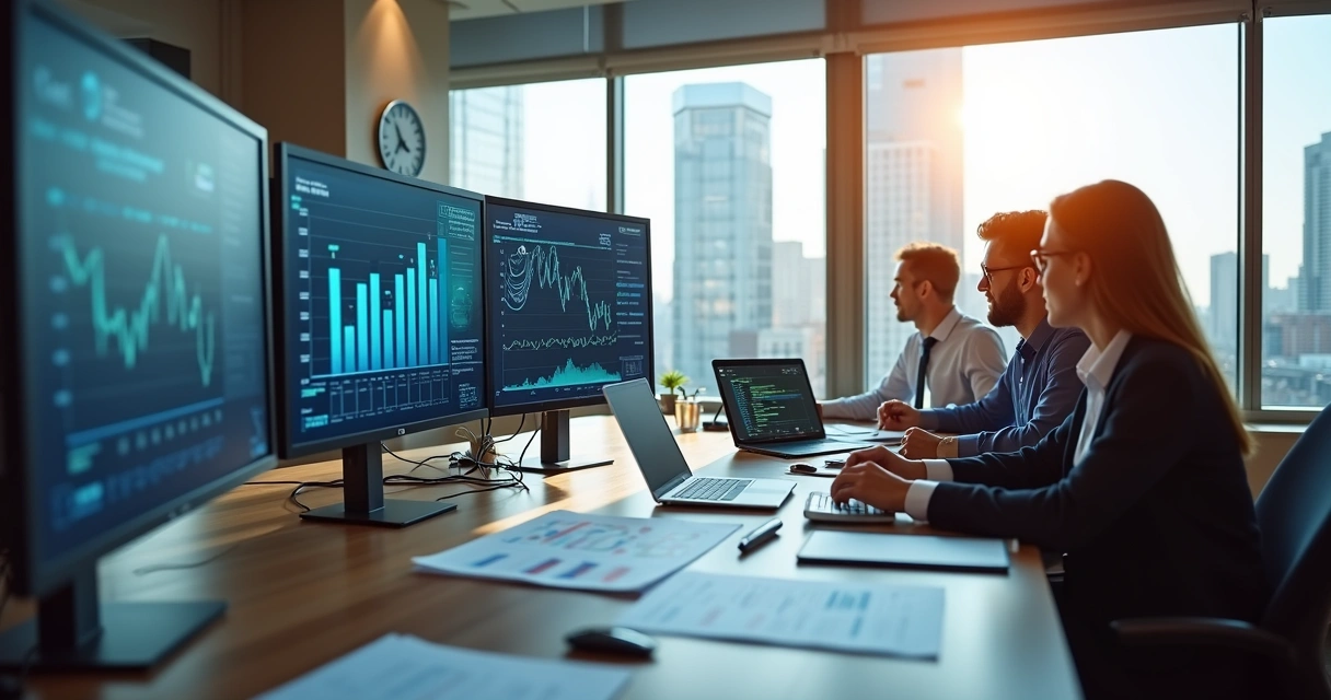 Equipe de escritório de contabilidade analisando computadores com gráficos financeiros 