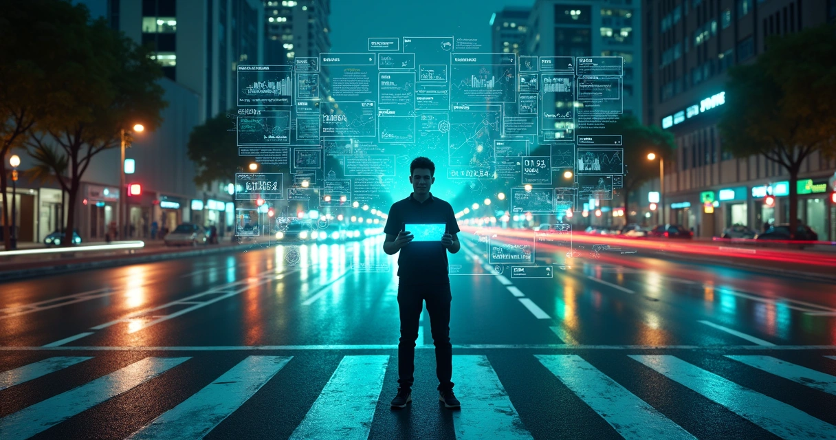 Painel financeiro futurista flutuando em avenida de São Paulo à noite 