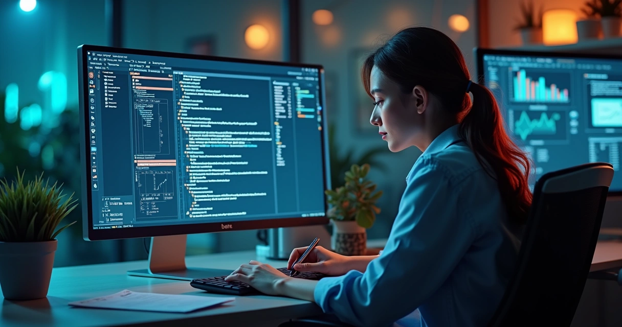 Pessoa em escritório moderno usando computador com gráficos financeiros na tela mostrando automação e eficiência com IA 