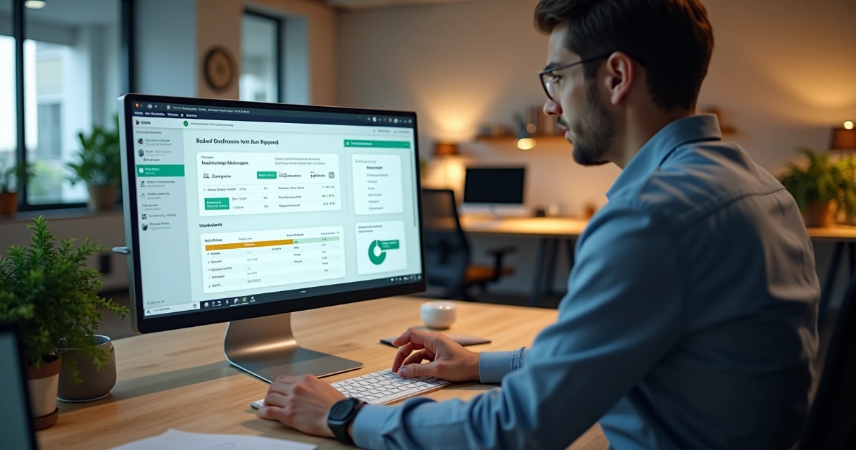 Tela de software mostrando automação financeira de aluguéis de imóveis 