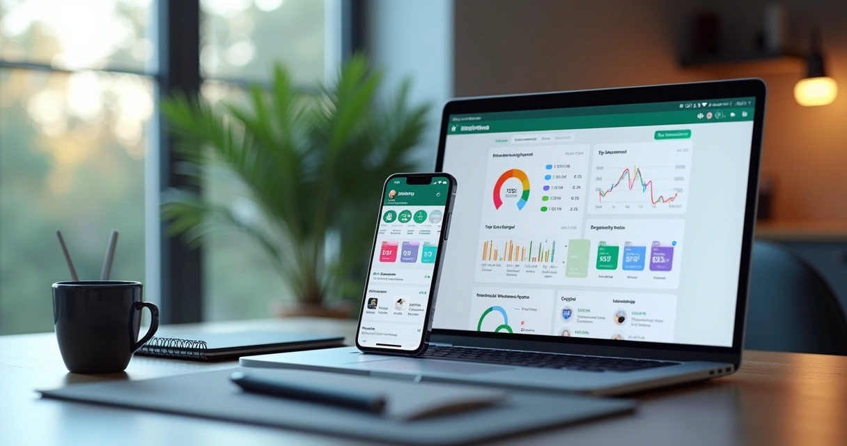 Interface de assistente financeiro no smartphone e computador com gráficos, alertas e organização de despesas 