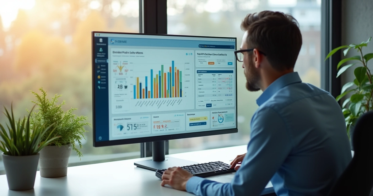 Profissional ajustando automação financeira em tela com opções no-code 