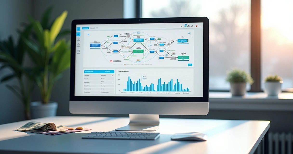 Dashboard do N8N mostrando automação de pagamentos financeiros com fluxos detalhados e gráficos de transações em computador 