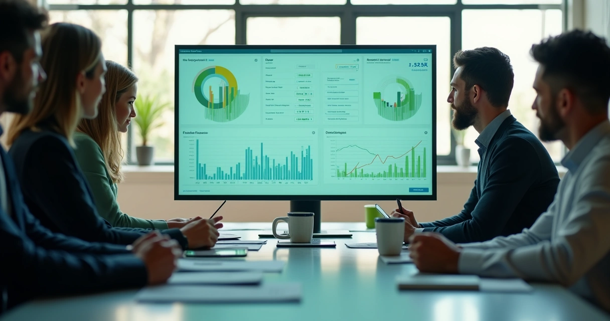 Dashboard digital de automação financeira em uma mesa de startup com equipe reunida 