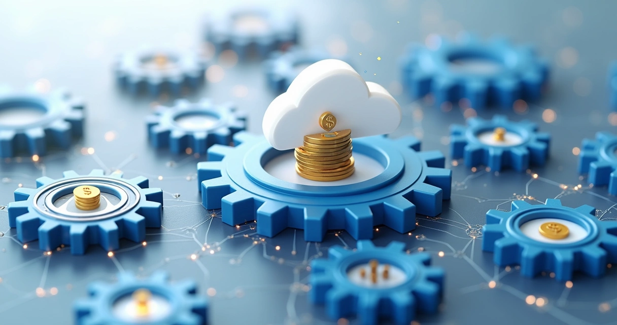 Ilustração de engrenagens digitais conectando nuvem e ícones de moeda