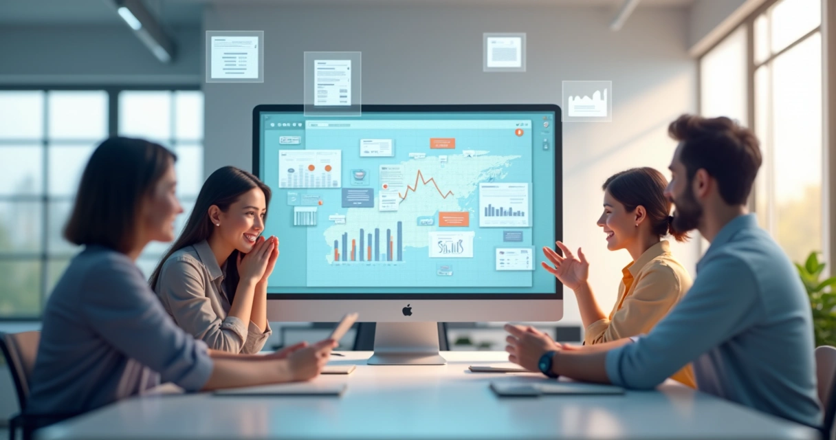 Equipe de pequena empresa ao redor de tela com gráficos fiscais e documentos digitais 