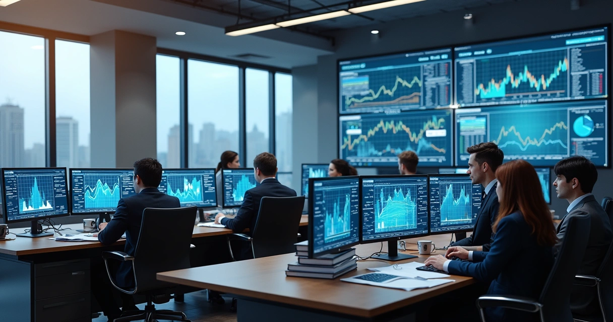 Sala de escritório com computadores exibindo dashboards fiscais e dados digitais na tela, pessoas analisando gráficos complexos