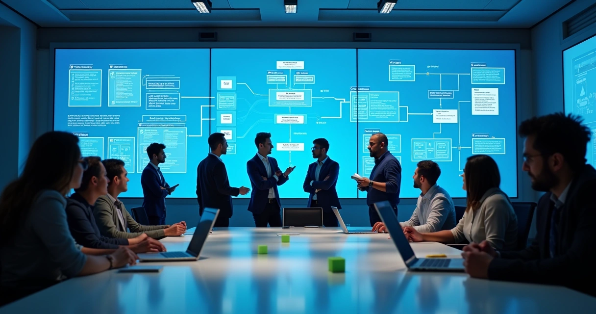 Equipe de tecnologia diante de painéis automatizando emissão de notas 