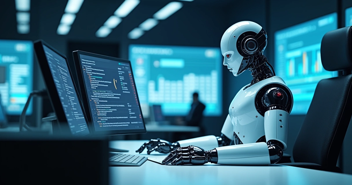 Robô digital simulando tarefas fiscais em computador 