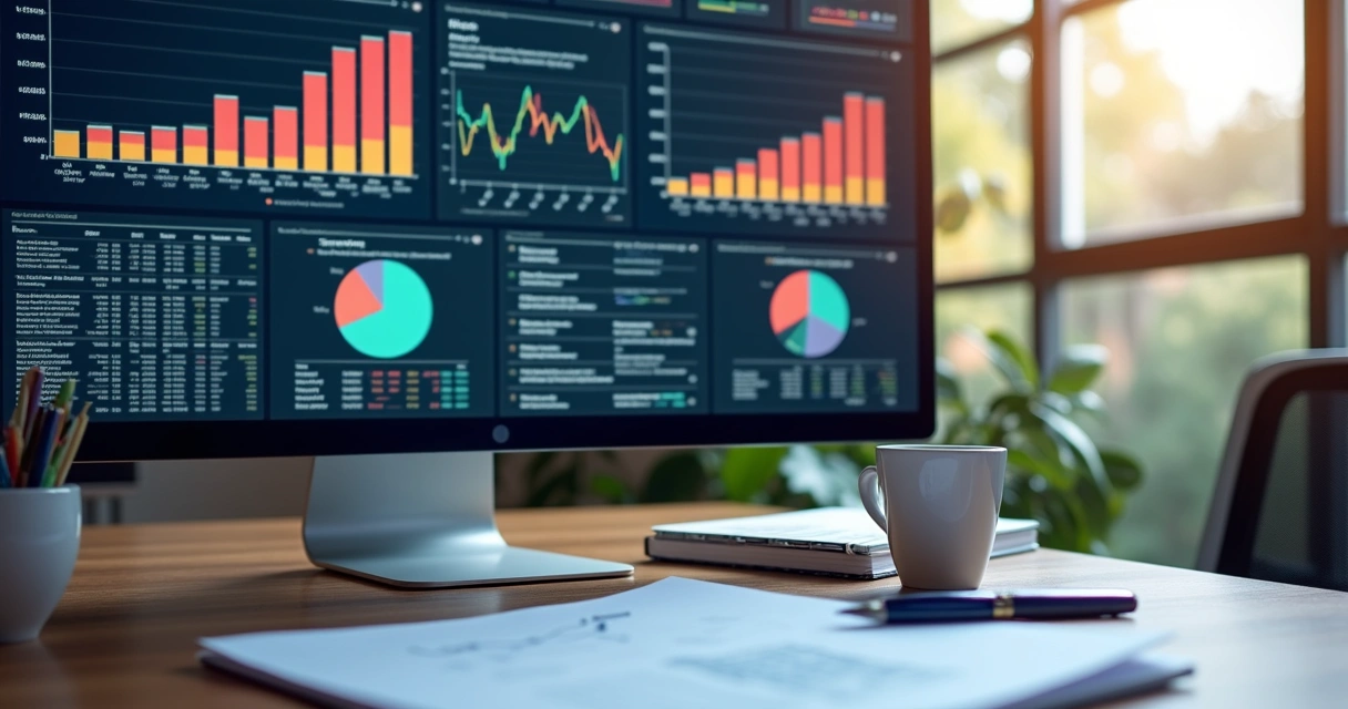 Tela de computador com gráficos de automação fiscal 