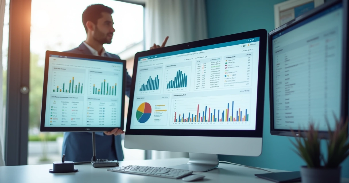 Tela de computador mostrando dashboard financeiro de clínica com gráficos coloridos 