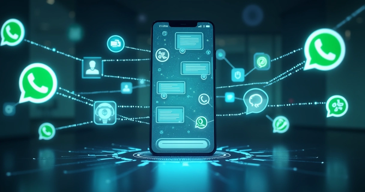 Tela de smartphone mostrando fluxo automatizado de onboarding no WhatsApp com interface de chatbot e ícones de inteligência artificial 