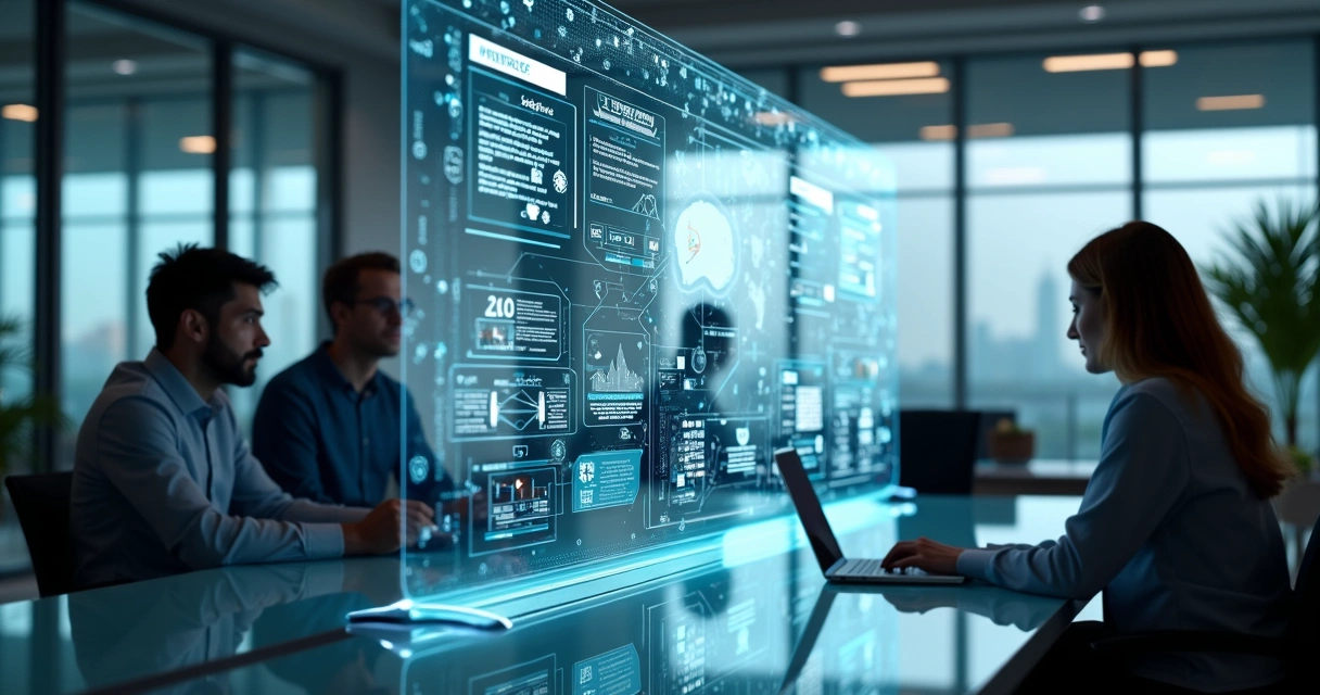 Ilustração digital detalhada mostrando várias telas holográficas de softwares de automação integradas em um ambiente corporativo moderno 