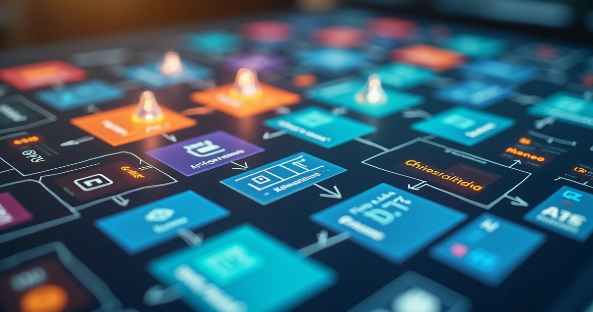 Automação de fluxo de trabalho com cards coloridos conectados 