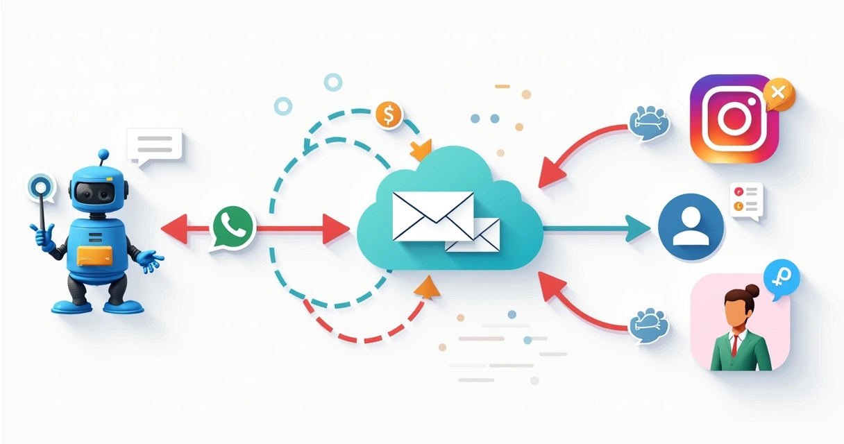 Diagrama colorido mostrando o fluxo de automação de respostas com URA digital em múltiplos canais 