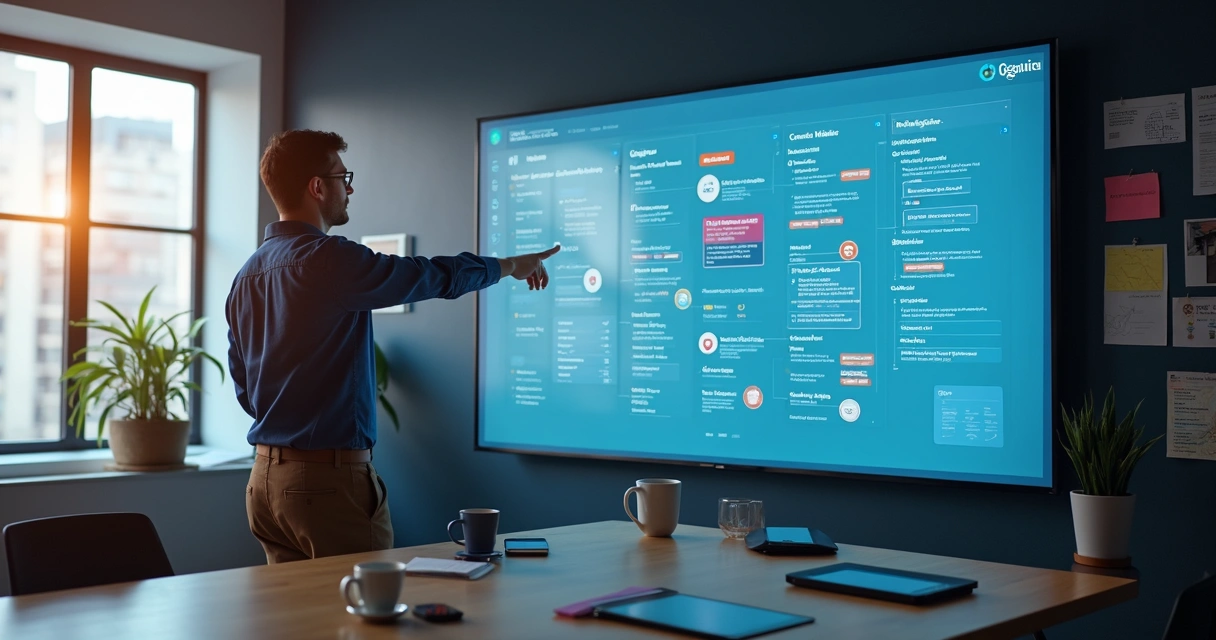 Painel digital mostrando automação de tarefas e conteúdos agendados 
