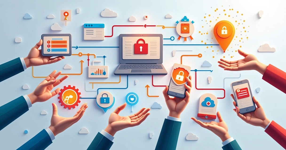 Fluxo automatizado de trabalho em TI com notificações, atribuição automática e integrações representados visualmente 