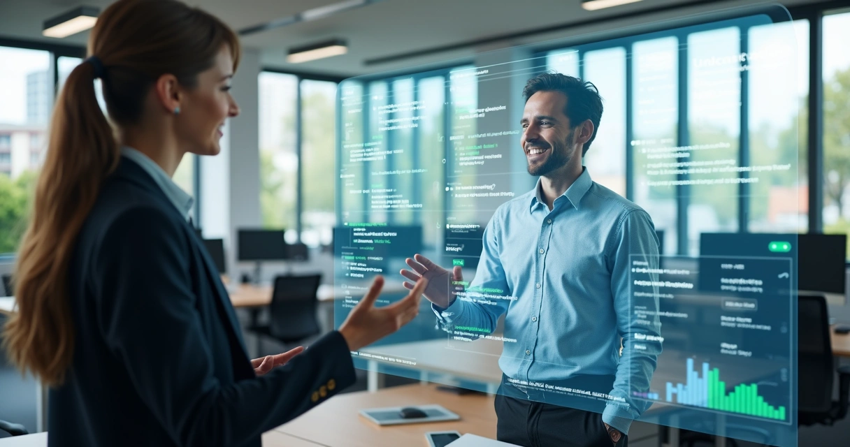 Assistente de inteligência artificial conversando via WhatsApp com corretor imobiliário em escritório moderno 