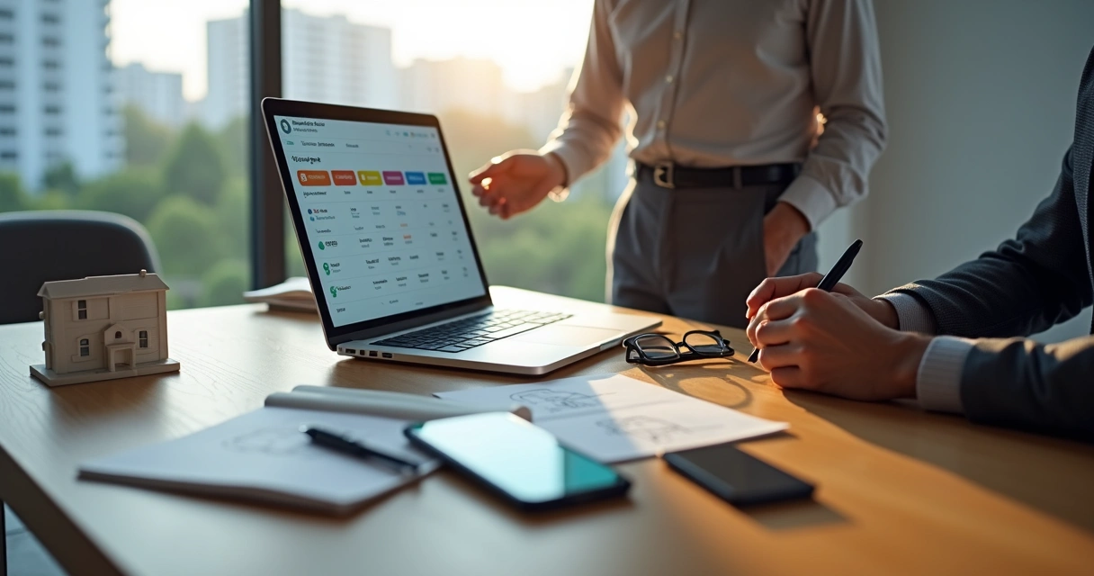 Corretor imobiliário em mesa com laptop mostrando fluxo automático de follow-up de vendas 