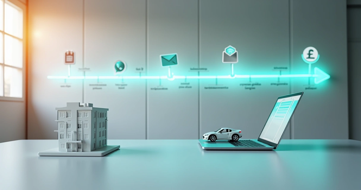 Linha do tempo de follow-up de vendas conectando ícones de WhatsApp e e-mail 