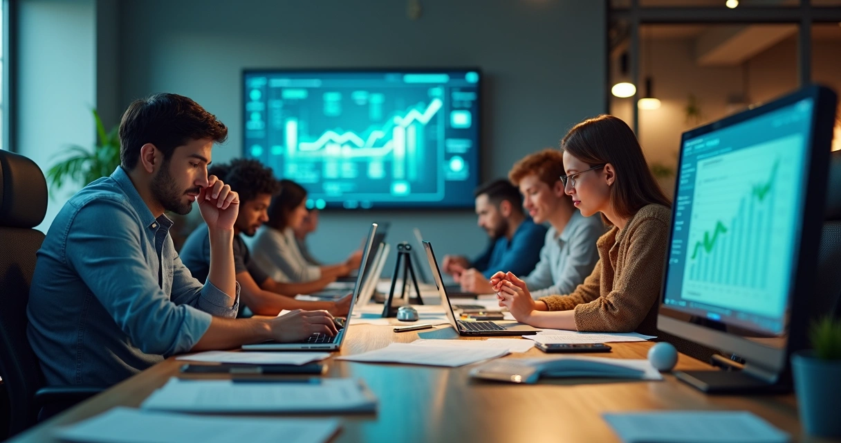 Equipe de vendas cansada ao lado de robôs automatizando follow-up em múltiplas telas 