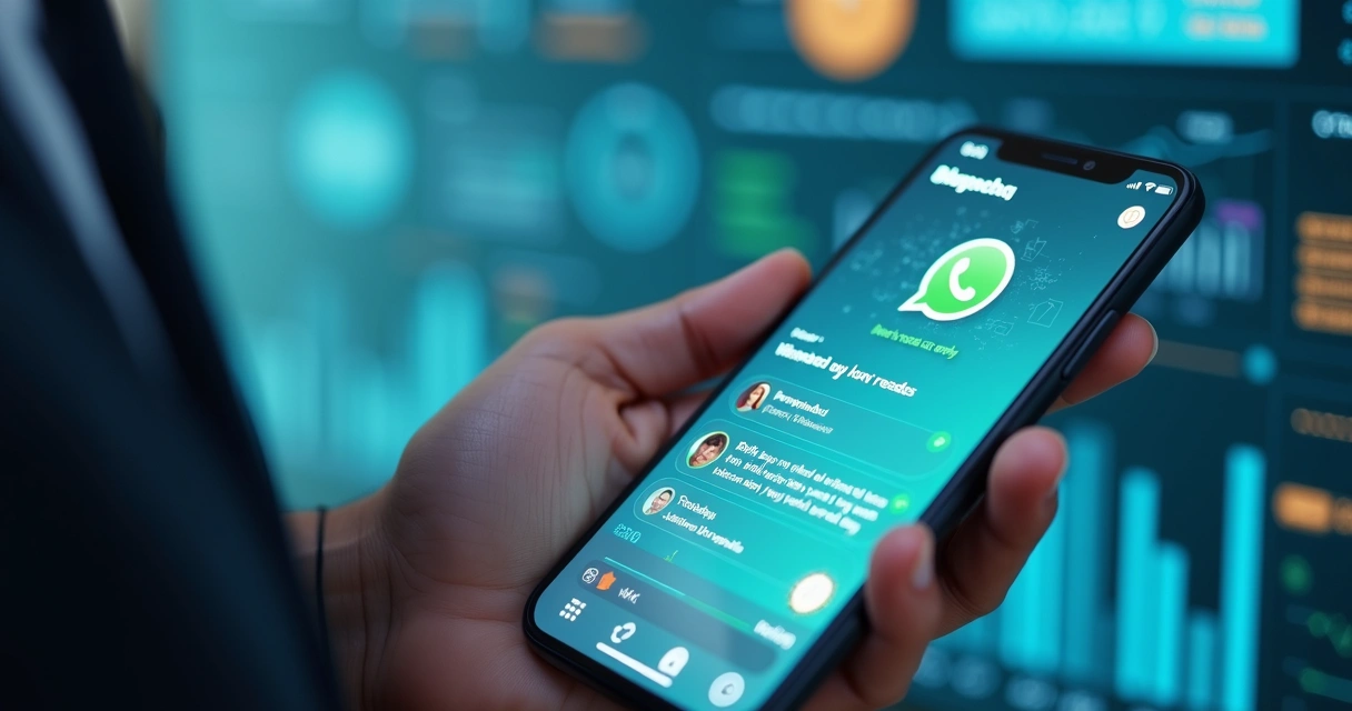 Interface de smartphone exibindo conversa automatizada no WhatsApp com mensagens de follow-up personalizadas para leads e equipe de vendas organizada em fundo moderno azul e branco 