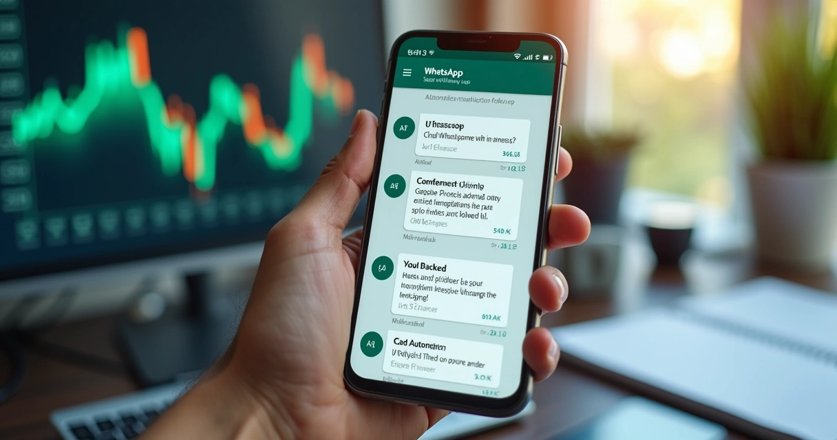Tela de smartphone mostrando interface do WhatsApp com mensagens automáticas de follow-up, gráficos de desempenho ao fundo e ícones de chatbot, CRM e venda integrados em destaque 