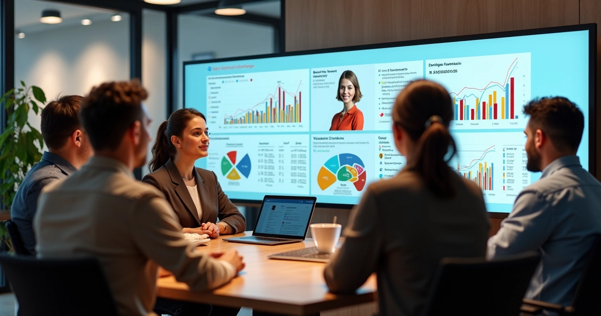 Equipe de franquia reunida analisando dados em uma tela, com gráficos coloridos e agente virtual ao lado 