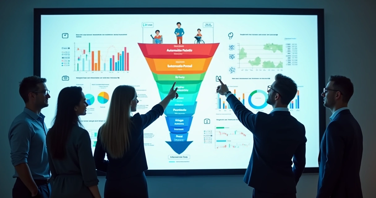 Equipe reunida em frente a tela gigante com painel de automação de vendas e gráficos interativos 