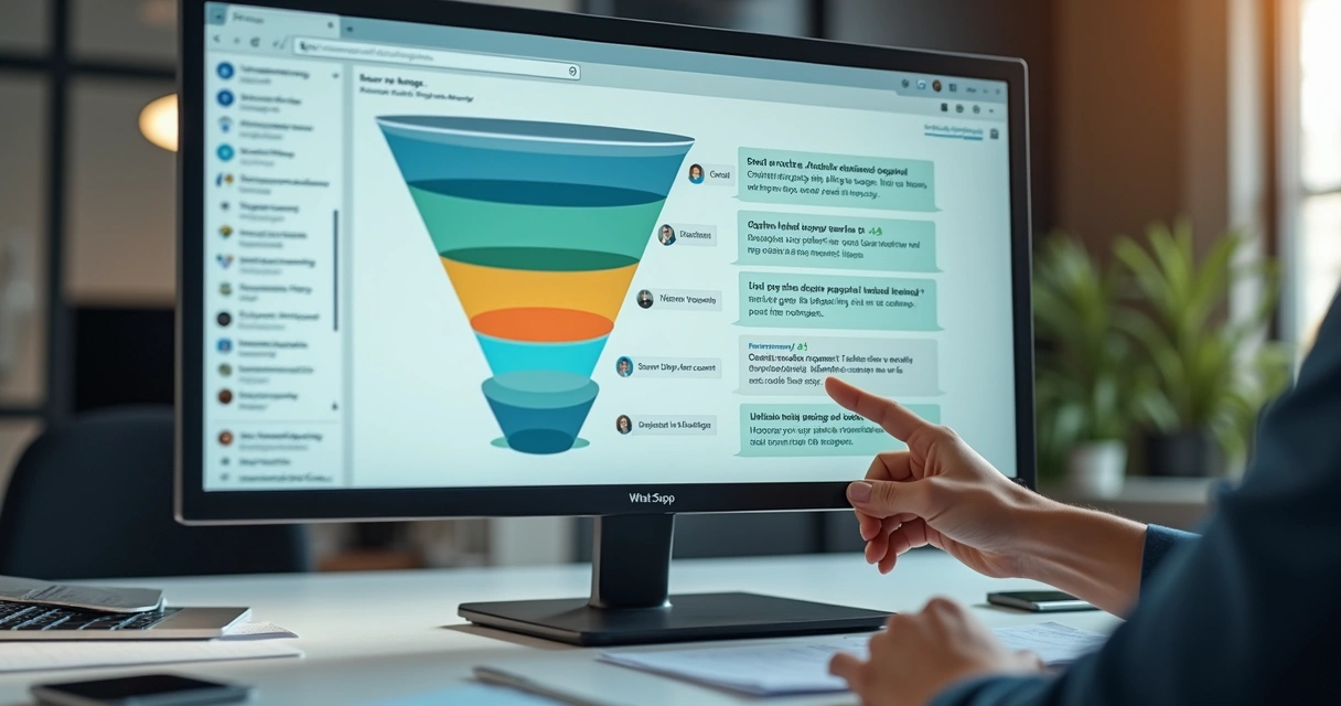 Funil de automação de vendas integrado ao WhatsApp em tela de computador 