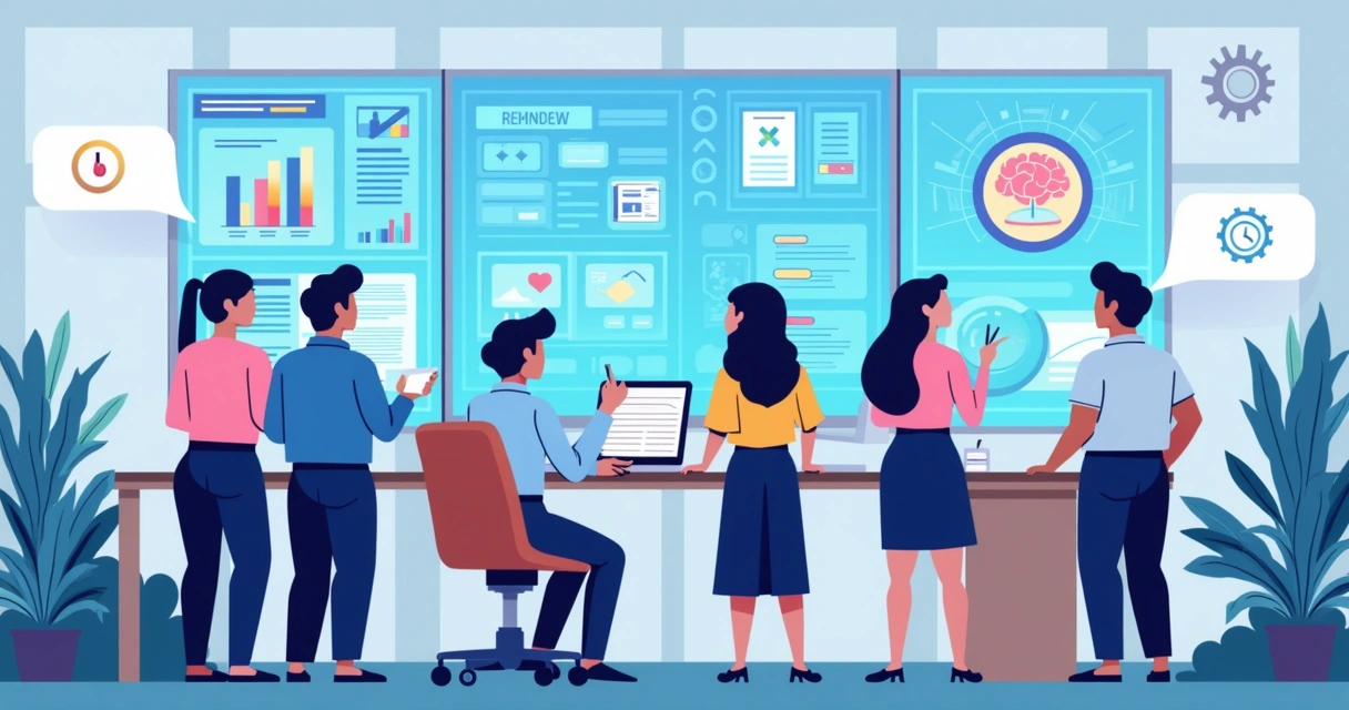 Equipe em gabinete usando painéis digitais com aplicativos e automações de IA para gestão pública. 