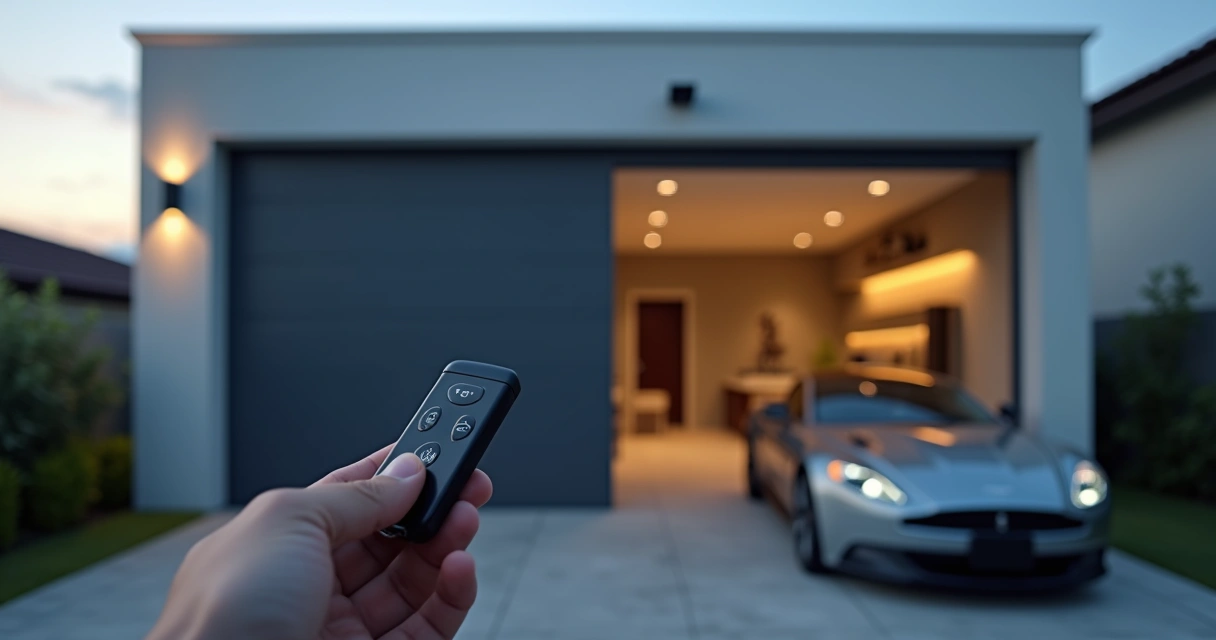 Garagem residencial moderna com portão automático sendo acionado por controle remoto 