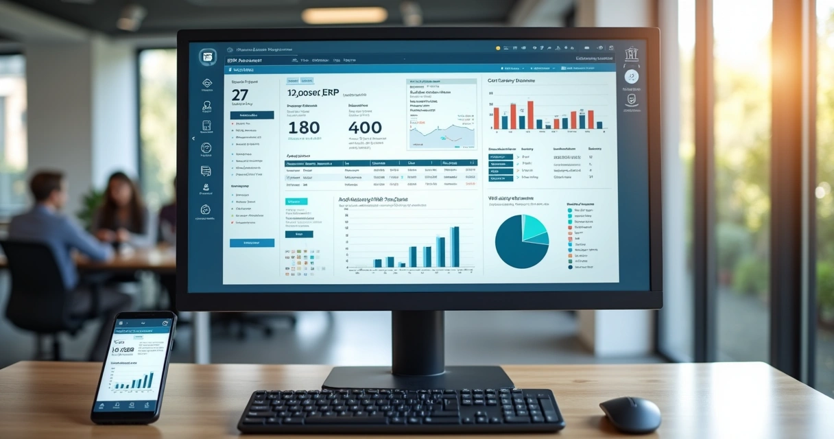 Tela de sistema ERP exibindo emissão automática de nota fiscal com gráficos e integrações visíveis 