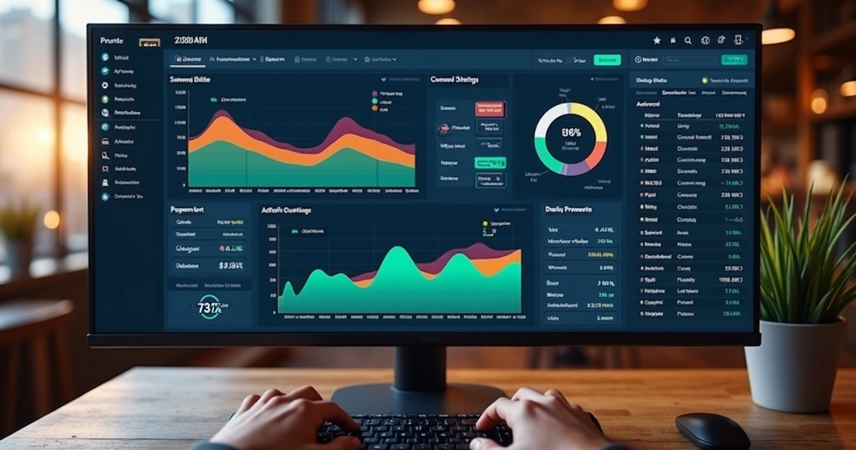 Painel de administração digital com gráficos e funções de automação em tela
