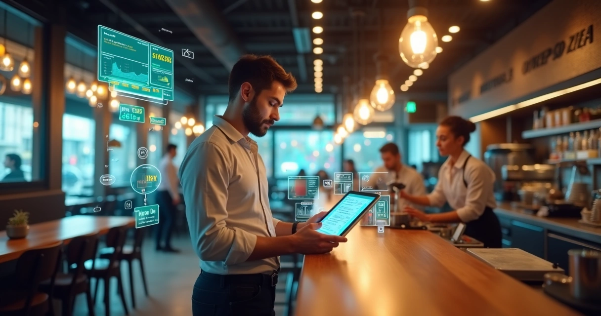 Gestor analisando automação de processos em restaurante com tablet e telas digitais 